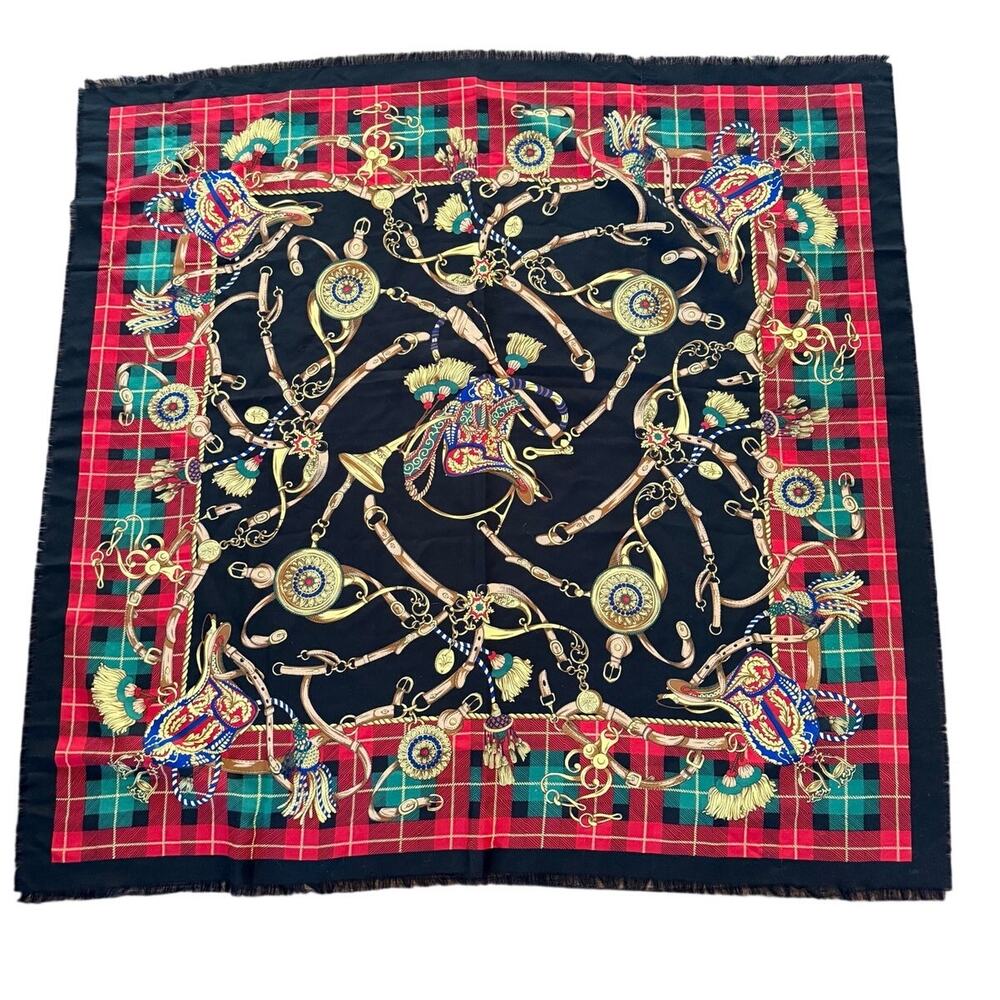 90s 45x47 Black Red Green Tartan Plaid Gold Chain Bit Bridle Equestrian Scarf